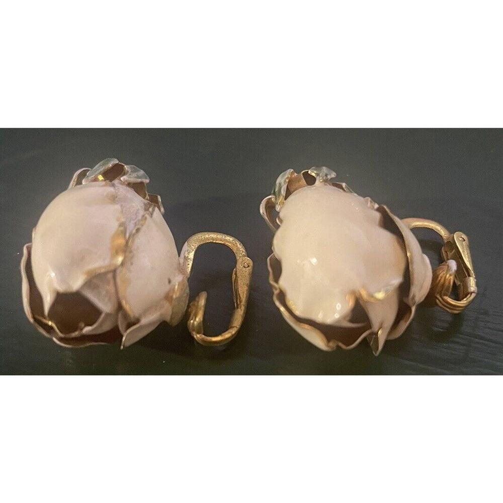 Vintage Sandor Flower Rose Clip On Enamel Earrings Signed